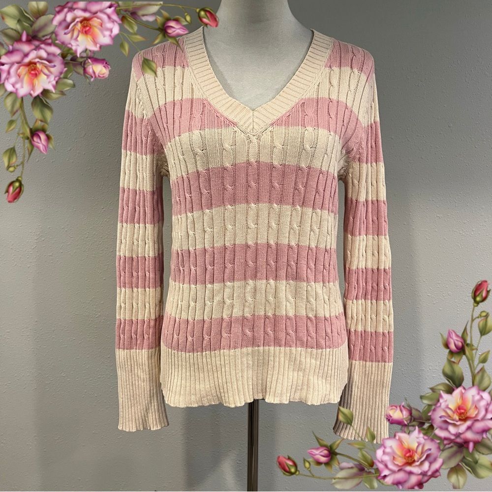 Pink and Cream Striped Women's long sleeve Sweater size large